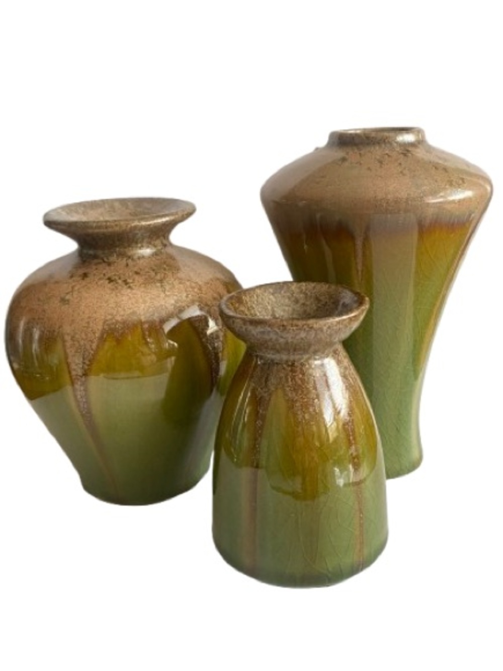 Vtg Hosley Art Pottery 3-piece Decorative Vase Set Glossy Earth Tone Drip Glaze